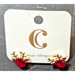 NWT tiny red gold tone reindeer earrings holidays Christmas